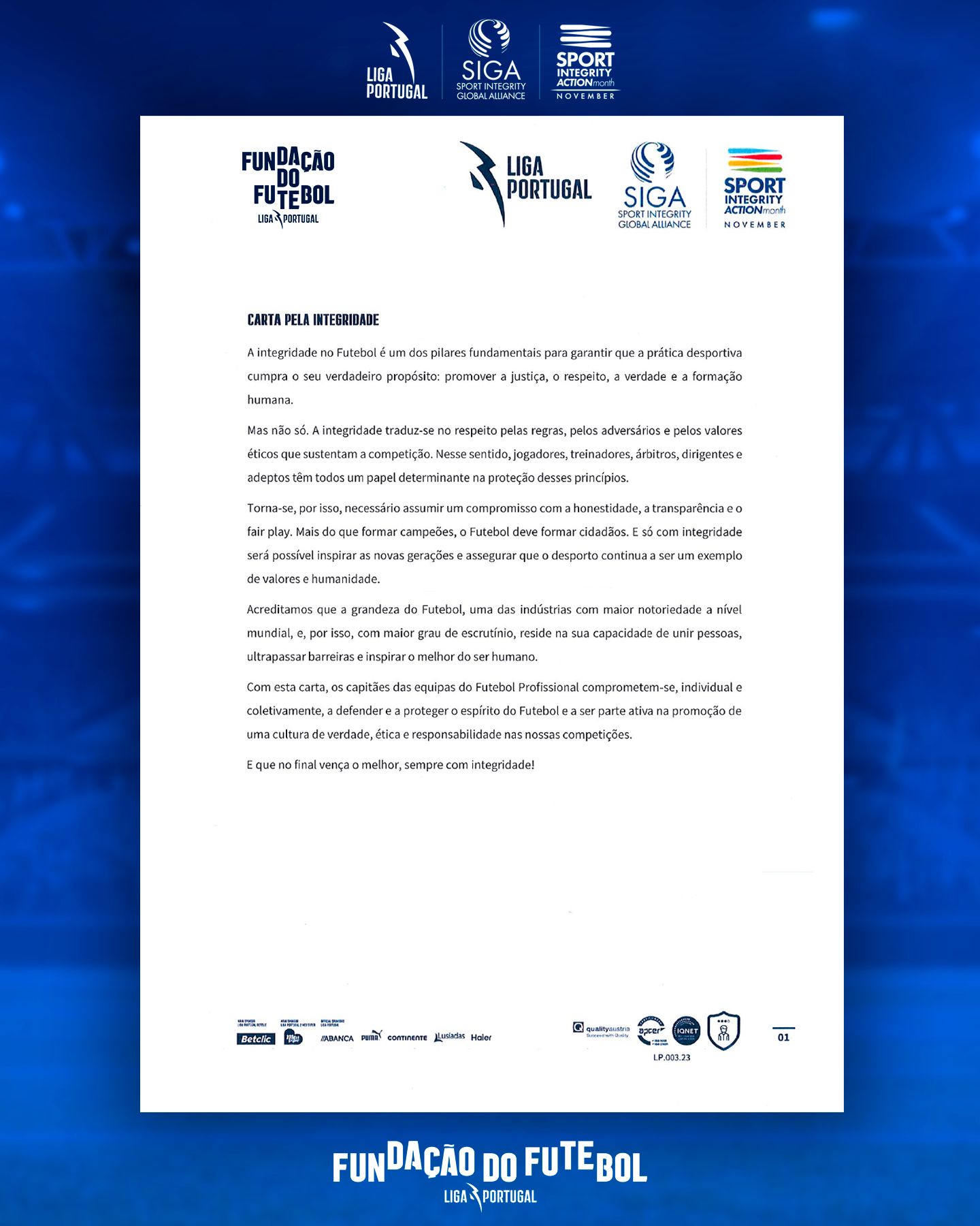 Capitães de todas as equipas ‘Juntos pela Integridade no Desporto’